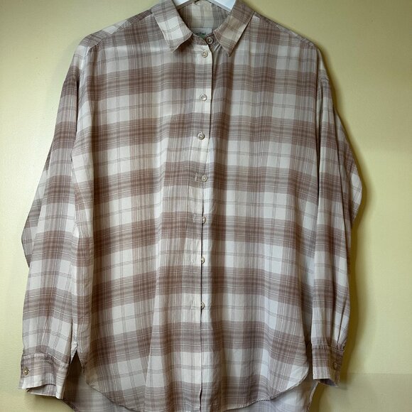 Wilfred 100% SILK! Neutral toned button down plaid blouse XS - Picture 3 of 11